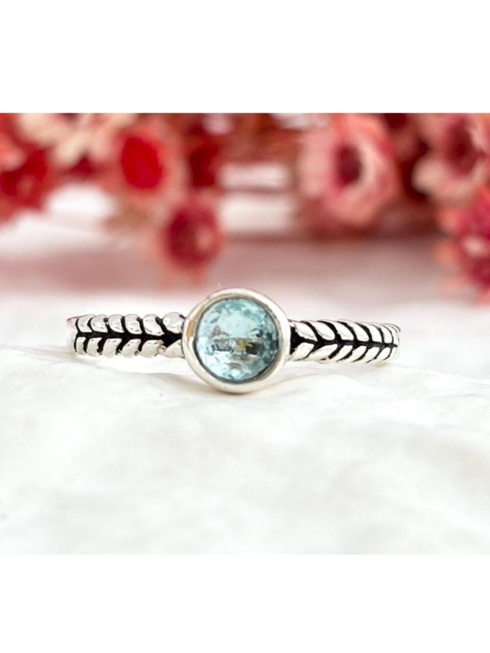 Aquamarine Gemstone Braided Solitaire Sterling Silver 925 Vintage Ring - sz 8.75